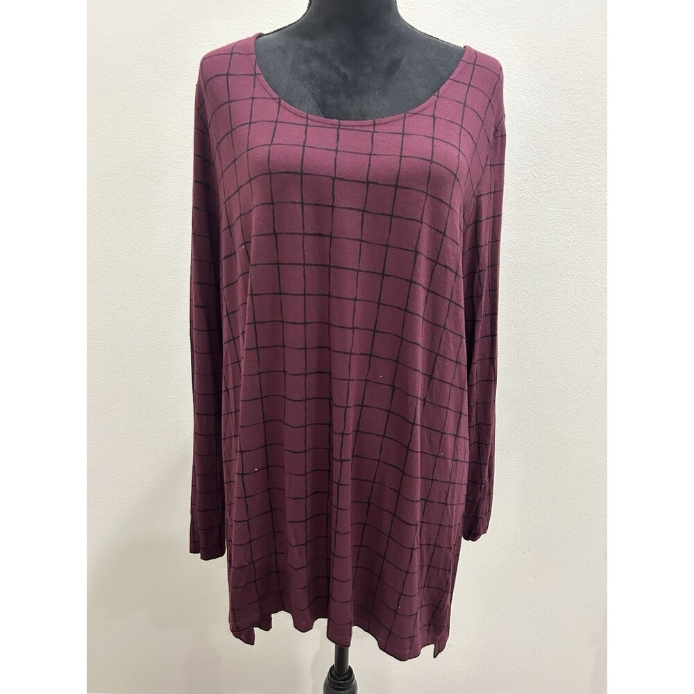 J. Jill Wearever Womens XL Top Burgundy Black Grid Long Sleeve Scoop Neck